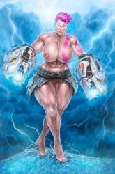 1girls angry angry_face areolae barefoot big_breasts big_muscles breasts buff butch cosplay feet god_of_war god_of_war_3 huge_breasts human jojobanks kratos_(cosplay) light-skinned_female light_skin lightning looking_at_viewer muscular muscular_female nipples nude overwatch overwatch_2 raining self_upload short_hair solo standing strong thick_thighs tomboy wide_hips zarya