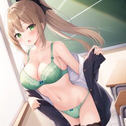 ai_generated black_stockings blush bra brown_hair classroom cleavage green_eyes green_lingerie green_underwear large_breasts lingerie long_hair ponytail school_uniform schoolgirl stockings stripping thong underwear undressing