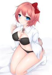 1girls black_bra black_panties blue_eyes blush bow bow_bra cleavage doki_doki_literature_club female hairbow just_sayori kun_kaiss matching_underwear red_bow red_hair_bow red_hairbow sayori_(doki_doki_literature_club) socks strawberry_blonde_hair