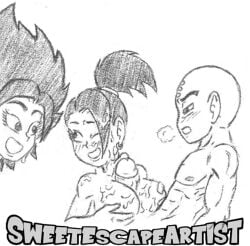 1boy bald_man caulifla cum cum_on_breast cum_on_face cumshot dragon_ball dragon_ball_super female kale krillin kuririn male monochrome muscular_male paizuri sweetescapeartist universe_6 universe_6_girls universe_6_saiyan/universe_7_human