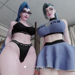 2023 2girls 3d 3d_(artwork) absurd_res absurdres alternate_breast_size arm_tattoo artist_name big_breasts blacked blacked_clothing blue_eyes blue_hair brazzers female female_focus female_only full_lips glasses hi_res high_resolution highres huge_breasts jinx_(league_of_legends) k/da_series large_breasts league_of_legends league_of_legends:_wild_rift light-skinned_female light_skin looking_down massive_breasts midriff pink_eyes riot_games rose_blue_3d seraphine_(league_of_legends) skirt small_waist sports_bra sports_panties sportswear tagme tattoo tattooed_arm text_on_clothing thick_thighs wide_hips