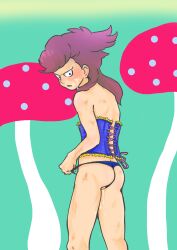 1boy ass blue_panties blush corset cum cum_on_face femboy inazuma_eleven male_only mushroom open_mouth purple_hair sam_watt solo tobitaka_seiya underwear