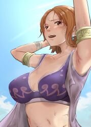 1girls alabasta arabasta_saga arabian_clothes areolae armlet armpits arms_up belly_dancer belly_dancer_outfit blue_sky blush bra bracelet breasts brown_eyes cleavage cloud collarbone dancer_outfit earrings female female_human female_only harem_girl harem_outfit highres human large_breasts light-skinned_female looking_down love_tororon nami nipples one_piece open_mouth orange_hair pre-timeskip purple_bra short_hair sky sweat sweatdrop upper_body