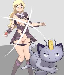 ace_trainer_(pokemon) ace_trainer_(pokemon_xy) alolan_form alolan_meowth anthro areola assisted_exposure black_clothing black_panties black_underwear blonde_hair blush breasts brown_eyes claws clothing dipstick_ears dipstick_tail domestic_cat dress eyelashes fangs felid feline felis fur generation_1_pokemon genitals grey_background grey_body grey_fur hair hi_res human long_hair male mammal markings meowth multicolored_ears nintendo nipples npc_trainer panties pink_areola pink_nipples pokeball pokemon pokemon_(species) pokemon_xy purple_clothing purple_dress pussy regional_form_(pokemon) sharp_claws simple_background solo tail tail_markings tan_body tan_skin teeth thick_thighs torn_clothing underwear whiskers wide_hips