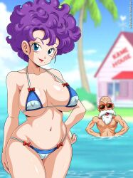 1boy 1girls big_breasts bikini breasts curvaceous curvy curvy_female dragon_ball dragon_ball_(classic) female female_focus huge_breasts kame_house large_breasts male master_roshi navel pinup purple_hair ranfan sano-br standing tagme voluptuous voluptuous_female water