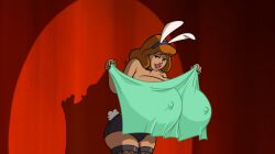 accurate_art_style big_breasts breasts bunny_ears bunny_tail bunnysuit cleavage covered_nipples covering covering_breasts daphne_blake huge_breasts hyper hyper_breasts large_breasts lipstick nipple_bulge red_hair scooby-doo screencap screenshot screenshot_edit spotlight wide_hips woot