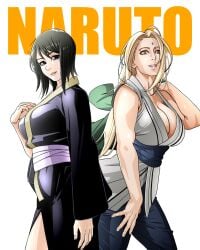 2girls absurdres bare_shoulders black_eyes black_hair blonde_hair breasts busty cleavage_cutout clothing_cutout female_focus female_only haori highres jacket japanese_clothes kimono large_breasts long_hair looking_at_viewer multiple_girls naruto naruto_(series) naruto_shippuden no_bra orange_eyes pants saburo_des shizune short_hair sideboob take_your_pick teacher_and_student thick_thighs thighs tsunade yukata