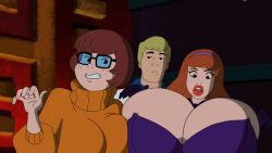 big_breasts big_lips bowtie breasts cleavage daphne_blake fred_jones headband huge_breasts hyper hyper_breasts large_breasts lipstick looking_at_breasts looking_at_own_breasts male red_hair round_breasts scooby-doo screencap screenshot screenshot_edit unamused velma_dinkley woot