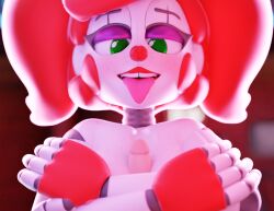 3d 3d_(artwork) baby_(fnafsl) blender blender_(software) blurry_background breasts circus_baby circus_baby_(fnaf) five_nights_at_freddy's five_nights_at_freddy's:_sister_location green_eyes hands_on_arms looking_at_viewer m0nk3y male_pov paizuri penis penis_between_breasts pov red_cheeks red_hair red_lipstick smile so87baby squeezing summer_of_87_baby titjob tongue tongue_out white_skin