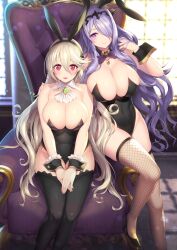 2girls alternate_costume animal_ears armchair bare_thighs bent_over black_leotard black_thighhighs blonde_hair bow bowtie breasts brooch bunny_ears bunny_girl bunnysuit camilla_(fire_emblem) chair corrin_(female)_(fire_emblem) corrin_(fire_emblem) corrin_(fire_emblem)_(female) detached_collar fake_animal_ears fake_tail female_only fire_emblem fire_emblem_fates fishnet_thighhighs fishnets hair_over_one_eye high_heels highres huge_breasts inner_thighs jewelry kashiwamochi_yomogi large_breasts legs leotard multiple_girls nintendo pantyhose playboy_bunny pointy_ears purple_hair rabbit_ears rabbit_tail siblings sisters sitting smile strapless strapless_leotard tail thighhighs thighs throne tiara twintails white_hair wrist_cuffs