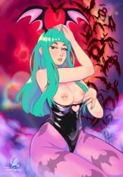 1girls 2022 areolae bangs bat bat_print breasts capcom clothing darkstalkers demon_wings female female_only green_eyes green_fingernails green_hair head_wings joshgrilli leotard long_hair looking_at_viewer morrigan_aensland narrowed_eyes nipple_piercing nipples pantyhose pink_pantyhose sitting small_breasts solo succubus thick_thighs vampire_savior wings