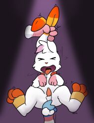 >_< anthro ass balls bodily_fluids bondage bound closed_eyes duo eeveelution female generation_6_pokemon generation_8_pokemon genital_fluids genitals hi_res hoya82 male male_focus nintendo open_mouth penis pokemon pokemon_(species) precum scorbunny spread_legs spreading sylveon tongue tongue_out white_body