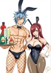 big_breasts blue_hair both_sexes_in_same_situation breasts bunny_boy bunny_costume bunny_ear bunny_ears bunny_girl bunnygirl bunnysuit cashew_(artist) cleavage erect_penis erection erza_scarlet fairy_tail jellal_fernandes long_hair nipples pantyhose red_hair seductive seductive_eyes seductive_look seductive_pose seductive_smile wide_hips