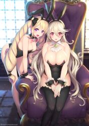 2girls alternate_costume animal_ears armchair bare_thighs bent_over black_leotard black_thighhighs blonde_hair bow bowtie breasts brooch bunny_ears bunny_girl bunnysuit chair corrin_(female)_(fire_emblem) corrin_(fire_emblem) corrin_(fire_emblem)_(female) detached_collar drill_hair elise_(fire_emblem) fake_animal_ears fake_tail female_only fire_emblem fire_emblem_fates high_heels highres inner_thighs jewelry kashiwamochi_yomogi large_breasts legs leotard medium_breasts multiple_girls nintendo playboy_bunny pointy_ears rabbit_ears rabbit_tail siblings sisters sitting smile strapless strapless_leotard tail thighhighs thighs throne tiara twin_drills twintails white_hair wrist_cuffs