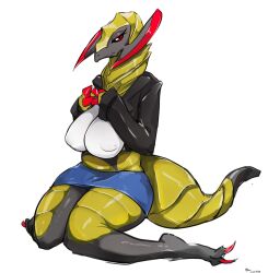 1girls anthro big_breasts black_sclera clothing commission female female_only haxorus hi_res looking_at_viewer menyang my700 narrowed_eyes nintendo nipple_bulge pokémon_(species) pokemon pokemorph red_eyes sitting sitting_on_knees solo unamused white_background