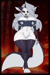 anthro big_breasts bottomless breasts canid canid_demon clothed clothing collar crop_top demon female fingerless_gloves genitals gloves grey_hair hair half-closed_eyes handwear hellhound helluva_boss hi_res huge_breasts huge_hips huge_thighs kingjion legwear looking_at_viewer loona_(helluva_boss) mammal narrowed_eyes navel pussy red_sclera shirt smile solo spiked_collar spikes thick_thighs thigh_highs topwear white_body white_eyes wide_hips