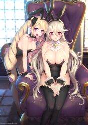 2girls alternate_costume animal_ears armchair bare_thighs bent_over black_leotard black_thighhighs blonde_hair bow bowtie breasts brooch bunny_ears bunny_girl bunnysuit chair corrin_(female)_(fire_emblem) corrin_(fire_emblem) corrin_(fire_emblem)_(female) detached_collar drill_hair elise_(fire_emblem) fake_animal_ears fake_tail female_only fire_emblem fire_emblem_fates hairbow high_heels highres inner_thighs jewelry kashiwamochi_yomogi large_breasts legs leotard long_hair medium_breasts multiple_girls nintendo pantyhose playboy_bunny pointy_ears purple_eyes purple_hair rabbit_ears rabbit_tail siblings sisters sitting smile strapless strapless_leotard tail thighhighs thighs throne tiara twin_drills twintails white_hair wrist_cuffs