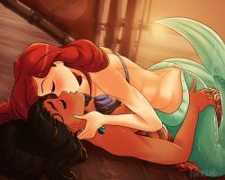 2d 2girls ariel background blush brown_hair closed_eyes clothed clothed_sex crossover dark-skinned_female dark_skin disney disney_princess duo eyelashes female female_only interracial khartemis kissing large_breasts lesbian_sex light-skinned_female long_hair lying mermaid mermaid_tail moana moana_waialiki multiple_girls muscular nipples on_back princess red_hair sex sweat sweatdrop the_little_mermaid thick_thighs tongue_kiss wet yuri