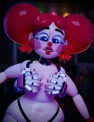 1girls 3d 3d_(artwork) aniphanttom baby_(fnafsl) blue_eyes breasts circus_baby circus_baby_(fnaf) clown clown_girl five_nights_at_freddy's five_nights_at_freddy's:_sister_location funtime_foxy_(fnaf) funtime_foxy_(fnafsl) grope groping_breasts red_hair so87baby squish squished_breasts summer_baby summer_of_87_baby thong