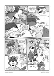 anthro ball_fondling balls bear blindfold blush bodily_fluids canid canine canis catsudon comic cum cum_in_mouth cum_inside domestic_dog english_text fellatio flaccid fondling gameshow genital_fluids genitals handjob hi_res humanoid_genitalia humanoid_penis humor male male/male mammal monochrome mostly_nude nipples nude oral overweight overweight_male penile penis polar_bear sex smile text tongue tongue_out url ursine