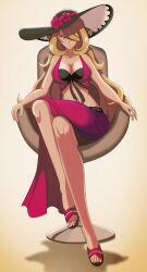 1girls alternate_costume big_breasts bikini blonde_hair chair cleavage cosplay crossover cynthia_(pokemon) dorothea_arnault_(cosplay) dorothea_arnault_(summer)_(cosplay) female female_only fire_emblem fire_emblem:_three_houses long_hair nintendo pokemon sandals sarong sitting solo towel vivivoovoo