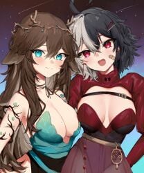 2girls ahoge arm_tattoo bandaid bangs bare_shoulders big_breasts black_hair blue_eyes blush breast_tattoo breasts brown_hair choker cleavage closed_mouth dress eyebrows_visible_through_hair facial_scar fang grey_hair hair_between_eyes hair_ornament hairclip large_breasts long_hair looking_at_viewer mixed_hair_color momotexx_(vtuber) multicolored_hair multiple_girls open_mouth red_dress red_eyes scar short_hair shoulder_tattoo smile star_(sky) tattoo virtual_youtuber vyugen white_hair