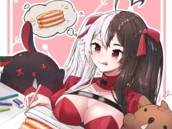 1girl :q ahoge animal bangs big_breasts black_hair blush breasts cake choker cleavage collarbone dog eyebrows_visible_through_hair food fork hair_between_eyes heart holding large_breasts long_hair mixed_hair_color momotexx_(vtuber) multicolored_hair red_eyes red_hair solo striped_background stuffed_animal stuffed_toy teddy_bear thought_bubble tongue tongue_out two-tone_hair two_side_up virtual_youtuber vyugen white_hair