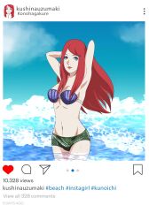 1girls adapted_costume ariel_(cosplay) arms_behind_head arms_up bikini bikini_bottom blue_eyes breasts busty cleavage cosplay curvaceous curvy curvy_body curvy_female curvy_figure disney eyeshadow female female_only fully_clothed human in_water instagram instagram_model instagram_username kimikochan017 long_hair makeup mature mature_female naruto naruto_(series) naruto_shippuden outfit partially_submerged pose posing red_hair scales seashell seashell_bra solo solo_focus the_little_mermaid uzumaki_kushina water wide_hips