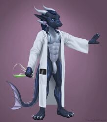 balls clothing coat feet flask foreskin genitals hi_res kobold lab_coat male nipples no_humans paws penis potion thejoyfuldragon topwear transformation