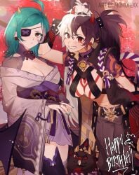 2018 2girls ahoge big_breasts black_hair blue_nails breasts character_name cleavage copyright_name english_text eyepatch fingernails green_hair green_nails grin hair_between_eyes happy_halloween happy_new_year horns japanese_clothes jewelry kimono large_breasts long_hair long_sleeves looking_at_viewer mask medium_breasts mixed_hair_color momotexx_(vtuber) multicolored_hair multiple_girls nail_polish new_year purple_nails red_eyes short_hair smile striped teeth thighhighs two-tone_hair virtual_youtuber vyugen weapon white_hair wide_sleeves