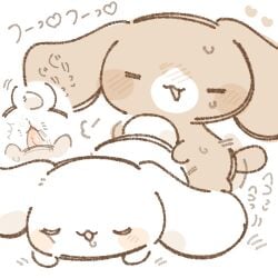 2boys anal blush cappuccino_(cinnamoroll) cinnamon_(cinnamoroll) cinnamoroll cinnamoroll_(series) gay japanese_text looking_pleasured non-human sanrio tagme tapering_penis white_background yaoi