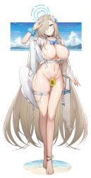 1girls asuna_(blue_archive) bikini blonde_hair blue_archive blue_eyes breasts cleavage female grin hair_over_one_eye halo happy_female huge_breasts kiriko_(araragikoyomi) light-skinned_female light_skin long_hair naughty_face smile thick_thighs useless_clothing