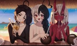 3girls :d ahoge akumi alcohol bangs bare_shoulders beach big_breasts black_hair blue_sky blush braid breasts bubble_tea cleavage cloud collarbone cup day drinking_straw eyebrows_visible_through_hair fingernails grin hair_between_eyes hair_ornament holding horns large_breasts long_hair looking_at_viewer mixed_hair_color momotexx_(vtuber) multiple_girls nail_polish ocean oni oni_horns open_mouth outdoors red_eyes red_skin scars short_hair single_braid sky small_breasts smile streaked_hair v virtual_youtuber vyugen white_hair yellow_eyes