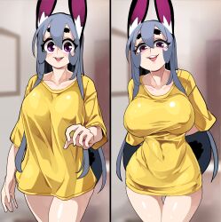 1girls absurd_res big_breasts bongfillstudent bunny_ears bunny_girl bunny_industry_(bongfillstudent) female female_only grey_hair long_hair looking_at_viewer narrowed_eyes nipple_bulge purple_eyes shirt_pull smiling smiling_at_viewer smug solo t-shirt t-shirt_only tank_bunny_(bongfillstudent) thick_eyebrows thigh_gap upper_teeth