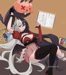 1girl arms_up bangs big_breasts black_gloves black_hair black_legwear breasts cleavage demon_girl demon_horns demon_tail demon_wings eyebrows_visible_through_hair gloves grey_hair hair_between_eyes horns large_breasts long_hair looking_at_viewer midriff mixed_hair_color momotexx_(vtuber) multicolored_hair navel open_mouth red_eyes red_hair short_sleeves silver_hair smile solo streaked_hair tail thighhighs tongue twitter_username very_long_hair virtual_youtuber vyugen white_hair wings