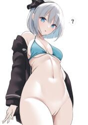 ? amisu aqua_bra bangs black_hairband black_jacket blue_eyes bottomless bra breasts cleavage cleft_of_venus commentary_request cowboy_shot female grey_hair hairband highres jacket looking_at_viewer medium_breasts navel open_mouth short_hair simple_background solo spoken_question_mark touhou underwear white_background youmu_konpaku