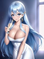 1girls ai_generated bare_shoulders blue_eyes blue_hair champagne cleavage dress earrings large_breasts long_hair looking_at_viewer luxury_dress original original_character shmebulock36 solo