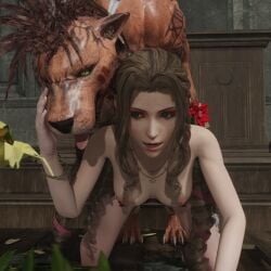 1girls 3d aerith_gainsborough blender breasts brown_hair doggy_style female final_fantasy final_fantasy_vii green_eyes long_hair nude open_mouth red_xiii sssin2160 zoophilia