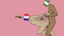 1girls 2boys arms_held_back blush clenched_teeth countryhumans countryhumans_girl crying cum cum_in_ass cum_inside cum_on_face cumshot dark-skinned_male dark_skin doggy_style flawsystyle forced france france_(countryhumans) free_use french french_flag gangbang light-skinned_female light_skin medical_bumblebee_73 nigeria nigeria_(countryhumans) nigerian nigerian_flag pink_background rape straight tear tears writing_on_body