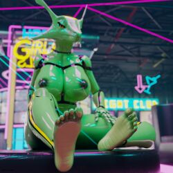 absurd_res anthro breasts cyberpunk dragon feet female foot_fetish foot_focus generation_3_pokemon hi_res kurolatex legendary_pokemon nightclub nintendo pokemon pokemon_(species) rayquaza solo