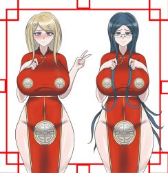 2girls akamatsu_kaede amrak bangs bare_legs blonde_hair blue_eyes blue_hair blush breasts china_dress chinese_clothes clothed danganronpa danganronpa_v3 duo female_focus female_only glasses hairclip hand_on_breast huge_breasts large_breasts light-skinned_female long_hair looking_at_viewer peace_sign purple_eyes red_clothing shirogane_tsumugi short_sleeves sidelocks straight_hair submissive_pose thick_thighs traditional_clothes v v_sign wide_hips