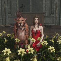 3d aerith_gainsborough blender brown_hair canine church erect_penis erection female final_fantasy final_fantasy_vii flower long_hair red_dress red_xiii sssin2160 zoophilia