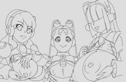 3girls alia breast_grab breasts breasts_out flat_chest gloves headwear ii_kuromaku large_breasts layer mega_man mega_man_x mega_man_x_dive multiple_girls pallette robot_girl