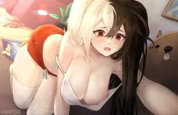 1girl all_fours bangs bare_shoulders bent_over big_breasts black_hair blonde_hair blurry breasts camisole cleavage collarbone crying hair_between_eyes hanging_breasts indoors large_breasts long_hair mixed_hair_color momotexx_(vtuber) multicolored_hair multiple_girls open_mouth panties red_eyes short_shorts shorts strap_slip streaked_hair stuffed_animal stuffed_toy tank_top tearing_up tears teddy_bear thighhighs underwear virtual_youtuber vyugen white_hair white_legwear white_panties