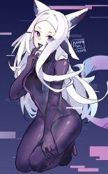 bodysuit dya_rikku_(vtuber) fox_ears fox_tail long_hair purple_eyes virtual_youtuber vyugen white_hair