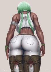 1girls armband ass big_ass bubble_butt clothing crop_top dark-skinned_female dark_skin dat_ass emerald_sustrai female female_only green_hair huge_ass jeans pants prinzkuon rear_view rwby solo thick_thighs wide_hips