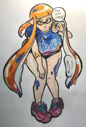 big_breasts blush blushing breasts full_body fully_clothed inkling inkling_girl large_breasts larger_female legs lips long_hair looking_at_viewer looking_down_at_viewer oh_gosh_levi orange_eyes orange_hair plump_lips pov sarah_(oh_gosh_levi) shoes short_shorts shorts sneakers splatoon taller_girl thick thick_thighs