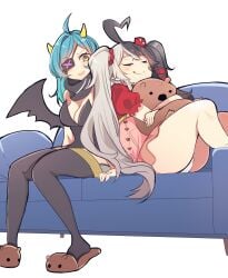 2girls :q ahoge bangs big_breasts black_hair black_legwear blue_hair blush breasts cleavage closed_mouth couch demon_girl demon_horns demon_tail dress eyepatch hair_ornament heart horns large_breasts licking_lips long_hair looking_at_viewer medium_breasts mixed_hair_color momotexx_(vtuber) multicolored_hair multiple_girls no_pants panties pink_dress red_eyes shirt short_sleeves silver_hair sitting smile striped stuffed_animal stuffed_toy teddy_bear thighhighs tongue tongue_out twintails underwear very_long_hair virtual_youtuber vyugen white_background white_hair white_panties wings yellow_eyes