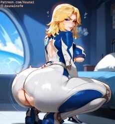 ai_generated asunai blonde_hair blue_eyes bodysuit curvy female from_side huge_ass indoors invisible_woman invisible_woman_(marvel_rivals) large_breasts lips marvel marvel_rivals motion_lines solo squatting stable_diffusion sue_storm thick_thighs torn_bodysuit twerking underboob wide_hips