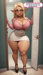 ai_generated assertive_female blonde blonde_hair busty elf_ears elf_female heels horny_female hourglass_figure huge_breasts innuendo long_ears miniskirt office office_lady original_character playfulcrit shortstack slim_waist speech_bubble thick_thighs thighs tight_clothing voluptuous wide_hips wide_thighs